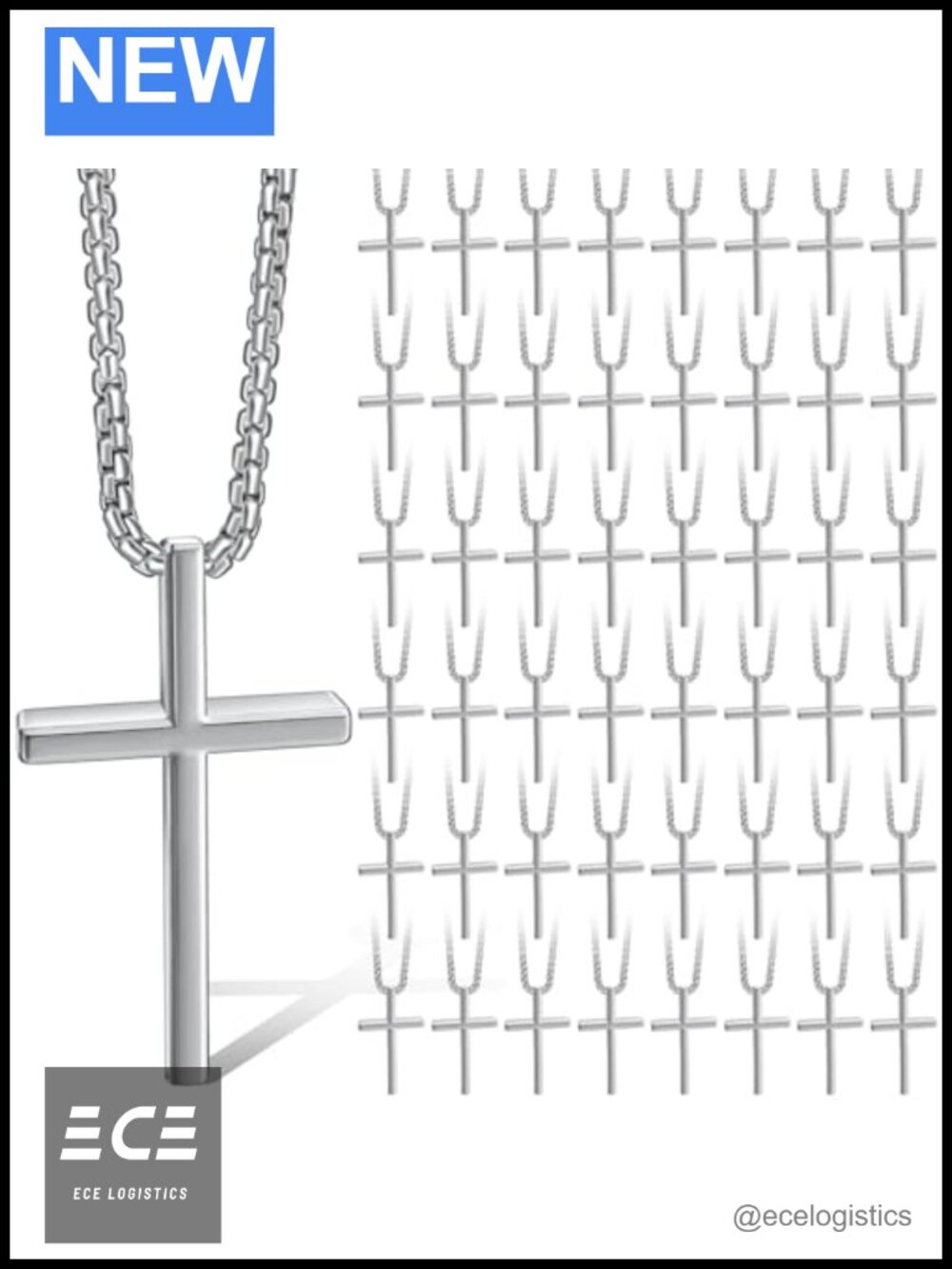 Stainless Steel Cross Necklace for Men Silver Pendant 23.62in Chain
